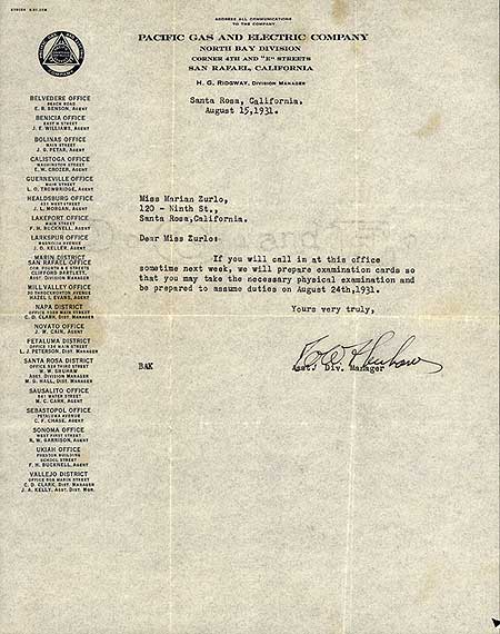 PG&E letter to Marian when she began working for them in 1931.